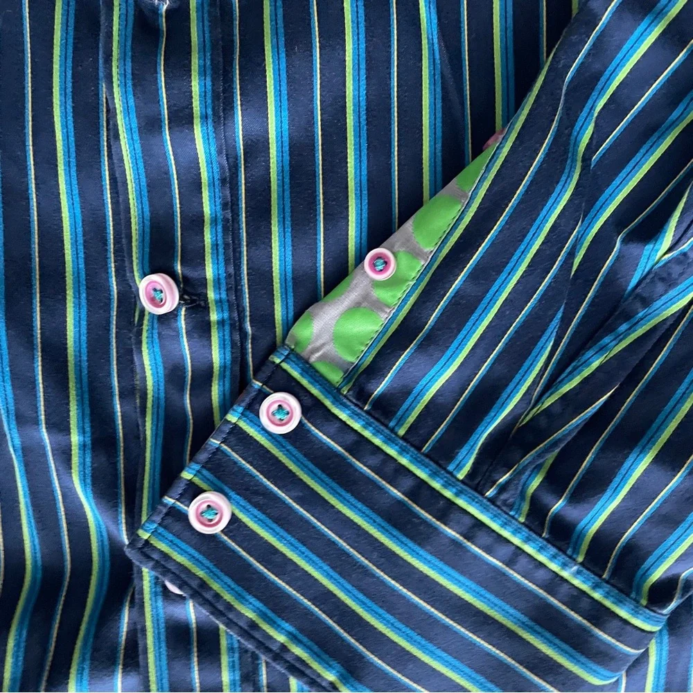 Robert Graham X Mens Shirt Large Blue Green Stripe Contrasting Cuffs Modern - Picture 3 of 8